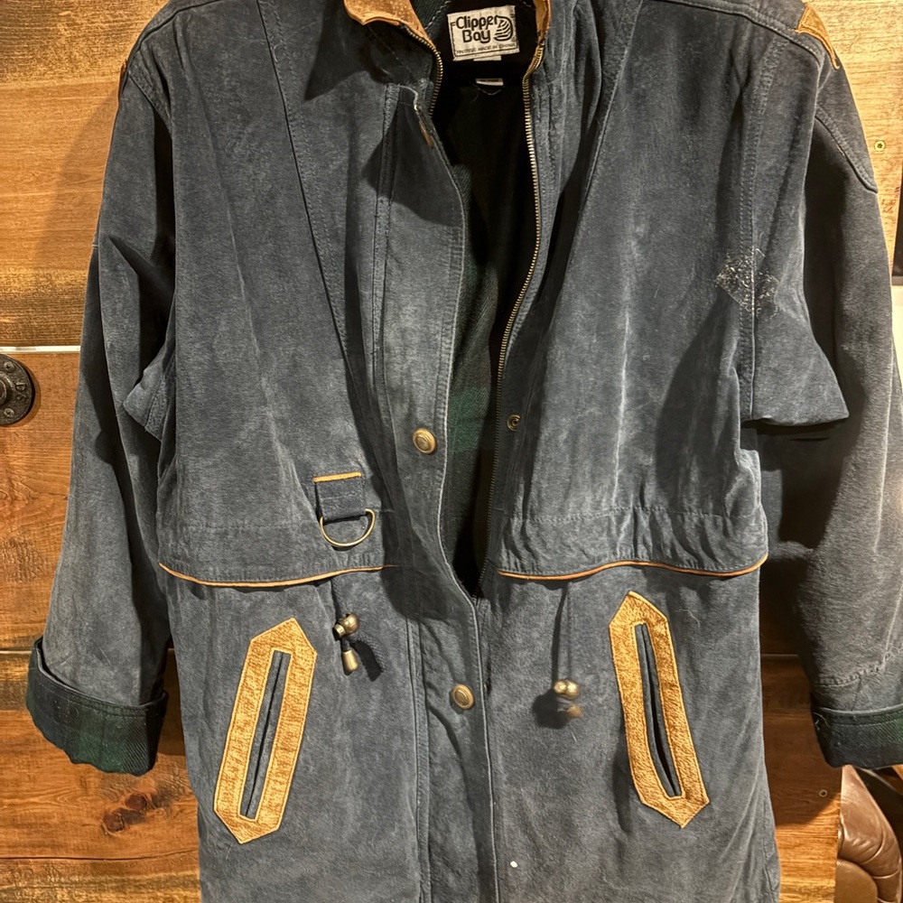 Vintage Men's Heavy Blue and Tan Performance Jacket Suede and Flannel